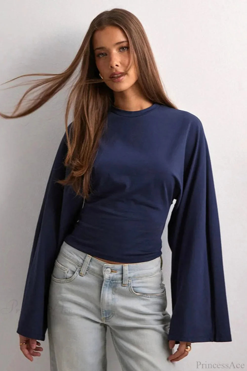 Solid Crew Neck Wide Sleeve Waist Cinched Long Sleeve Tee image 7