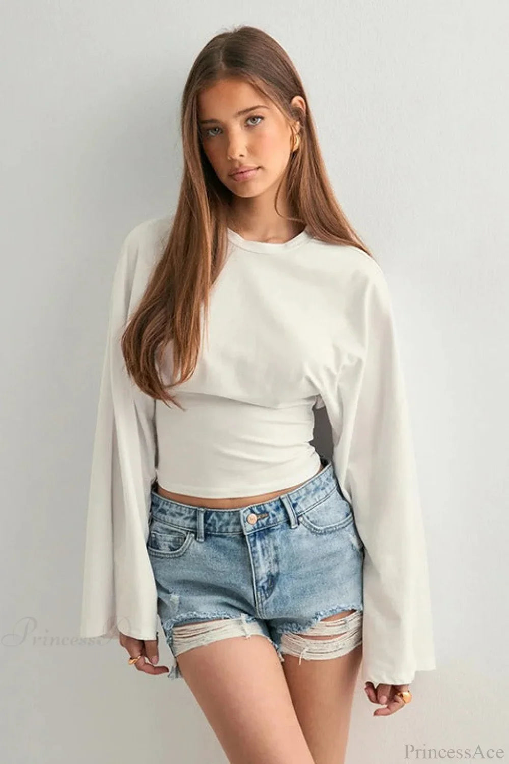 Solid Crew Neck Wide Sleeve Waist Cinched Long Sleeve Tee image 4