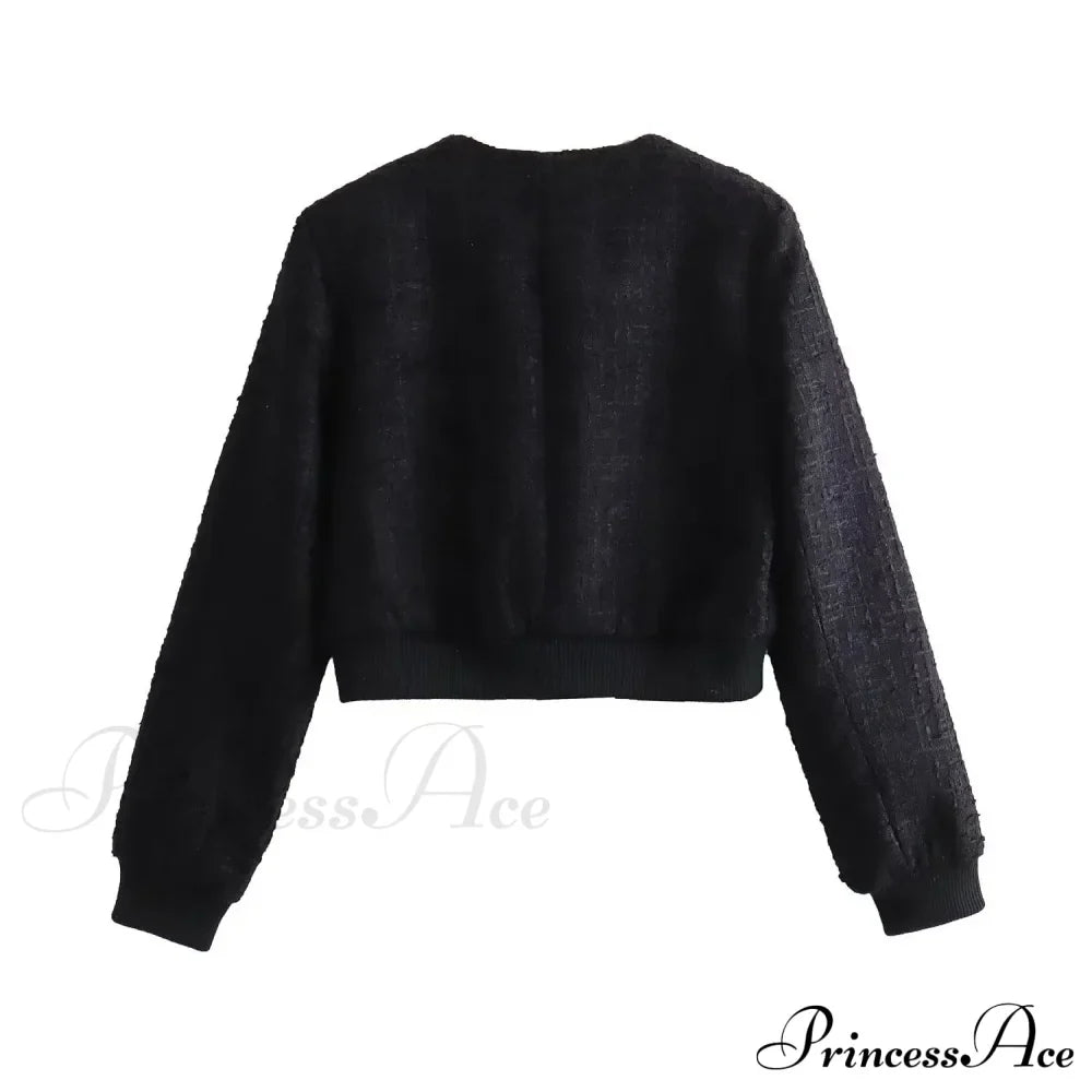 Solid Cropped Tweed Buttoned Round Neck Long Sleeve Short Autumn Stylish Chic Coat image 5