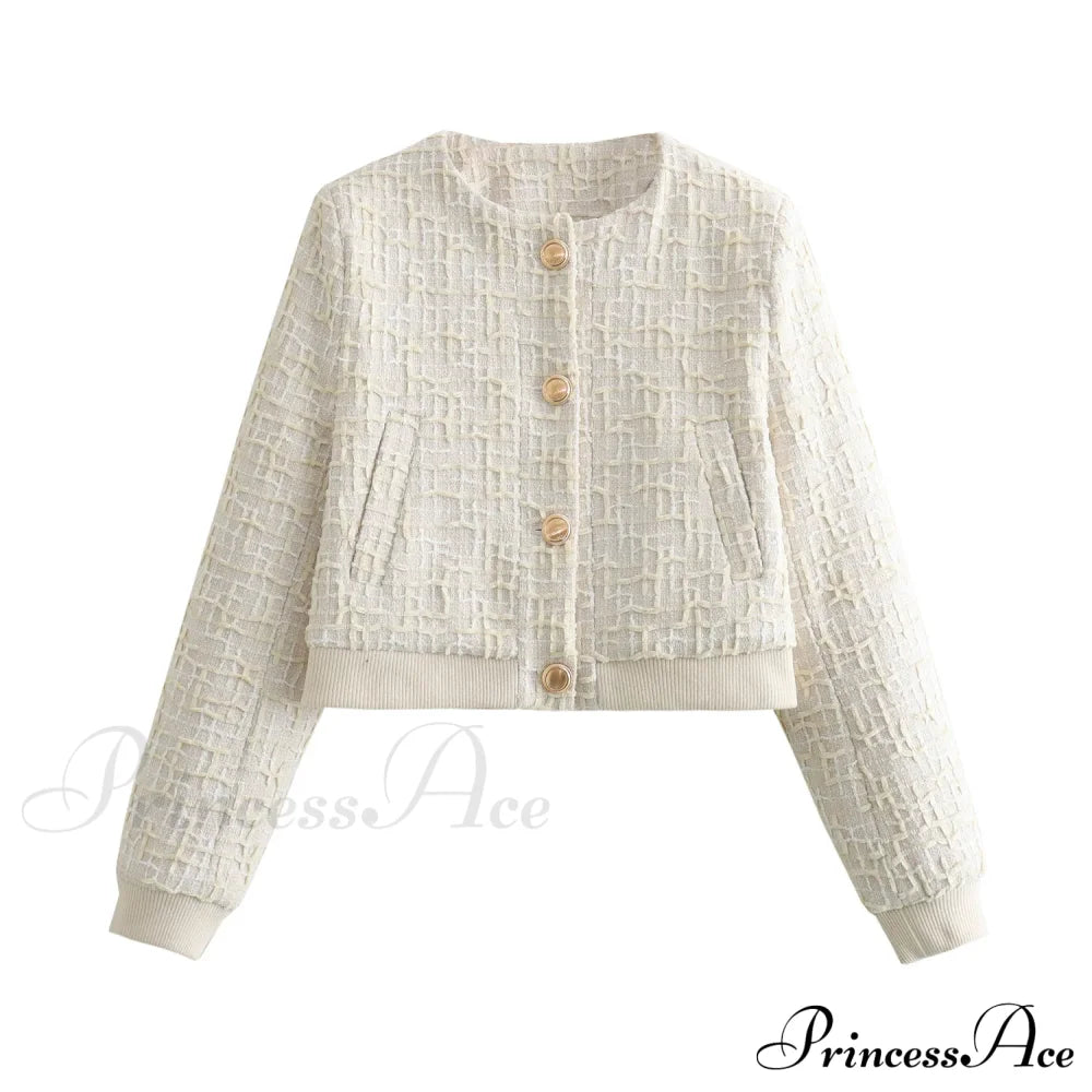 Solid Cropped Tweed Buttoned Round Neck Long Sleeve Short Autumn Stylish Chic Coat image 6