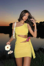 Solid Cutout Bow Tie One Shoulder Mini Dress image 2