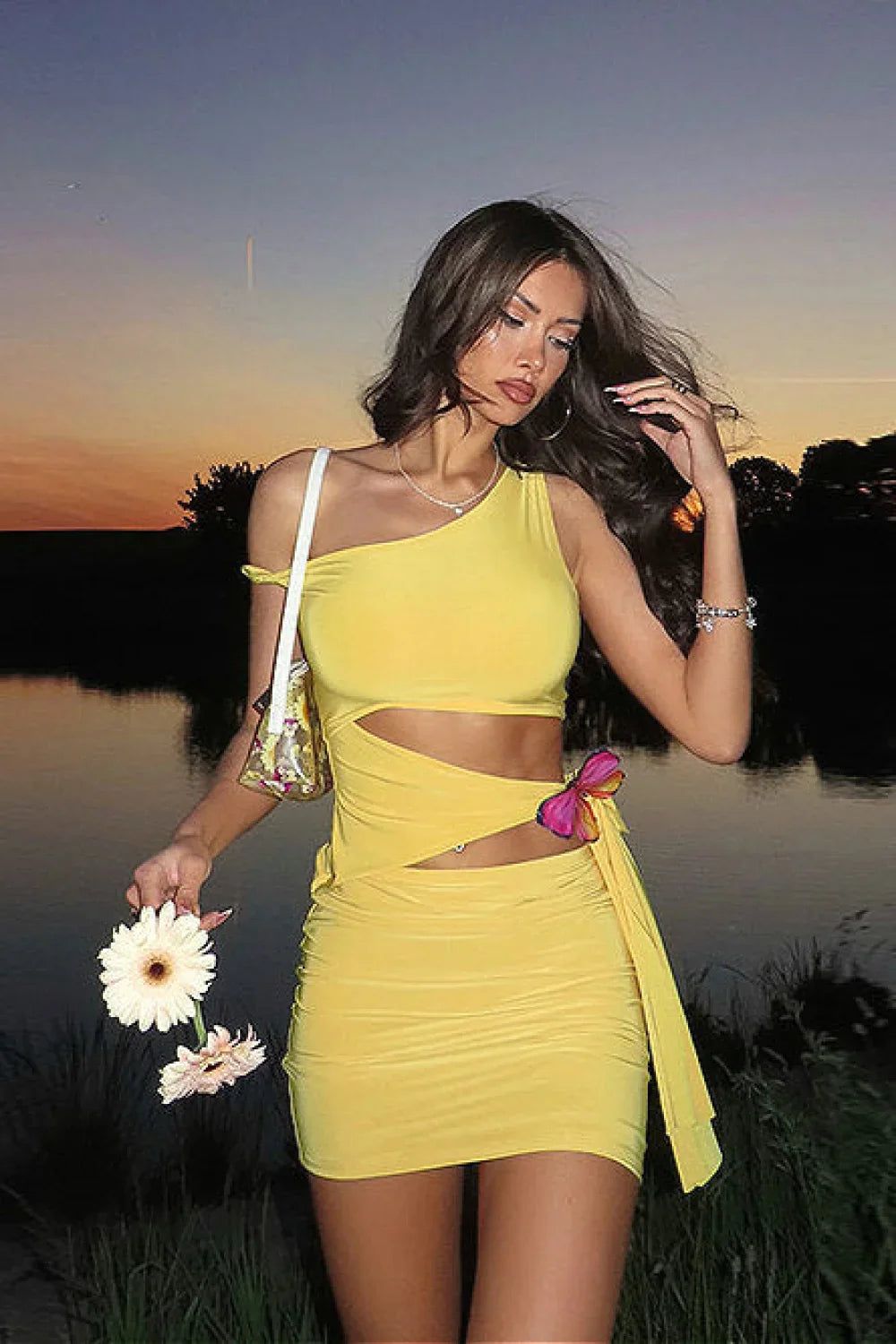 Solid Cutout Bow Tie One Shoulder Mini Dress image 2