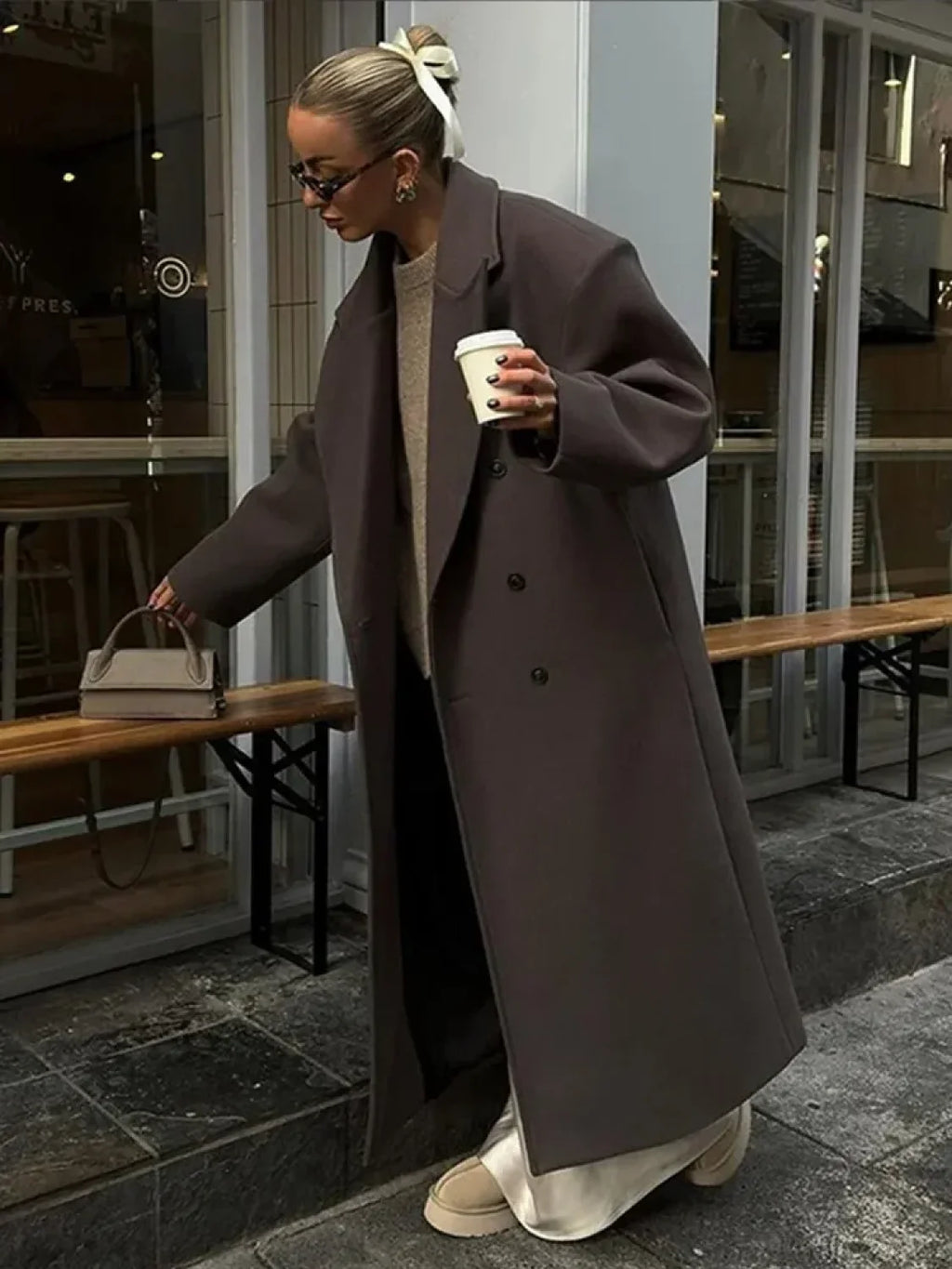 Solid Double-Breasted Turn-Down Overcoat image 4