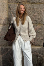 Solid Elegant Crewneck Cable Short Cardigan Sweater image 2