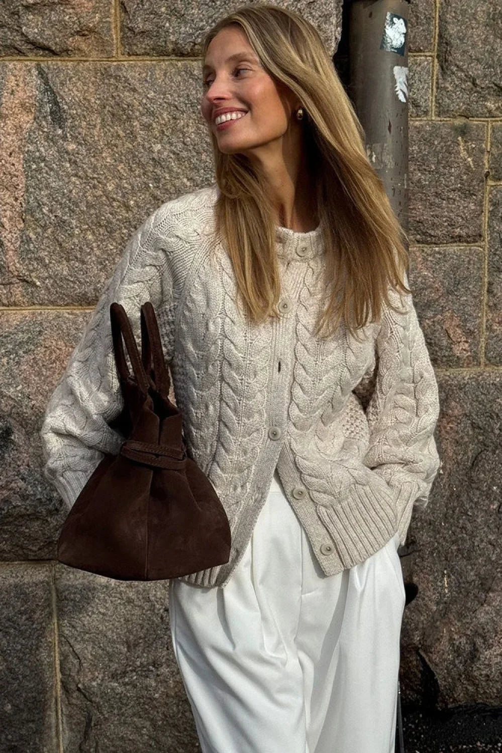 Solid Elegant Crewneck Cable Short Cardigan Sweater image 1