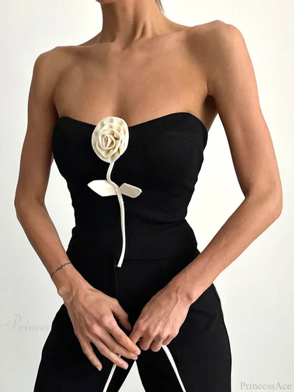 Solid Elegant Sleeveless Strapless Casual Flower Tube Crop Top image 5