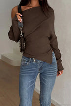 Solid Fleece Off-shoulder Slim Long Sleeve Tee image 7