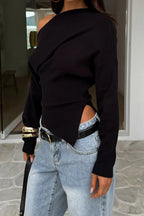 Solid Fleece Off-shoulder Slim Long Sleeve Tee image 9