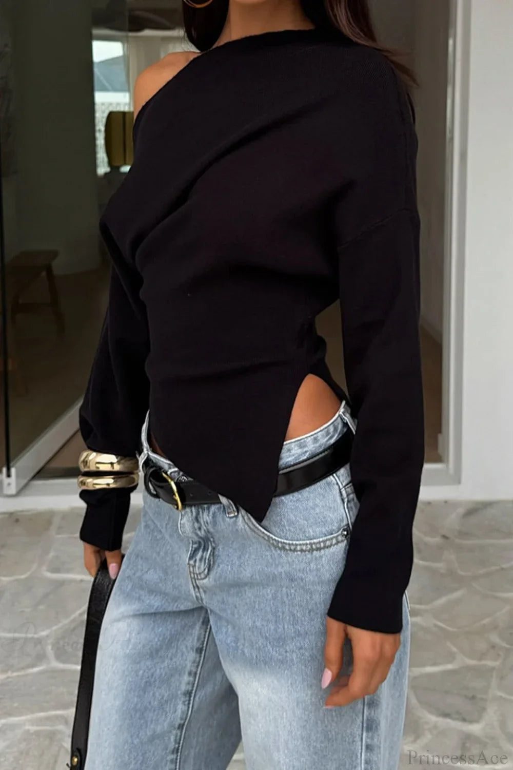 Solid Fleece Off-shoulder Slim Long Sleeve Tee image 9