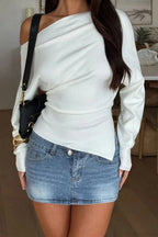 Solid Fleece Off-shoulder Slim Long Sleeve Tee image 1