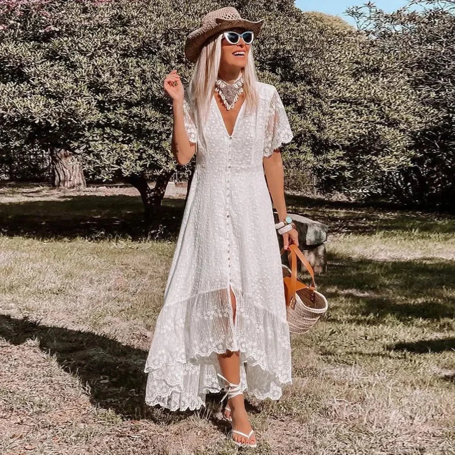 Solid Floral Short Sleeve Boho Dress image 1