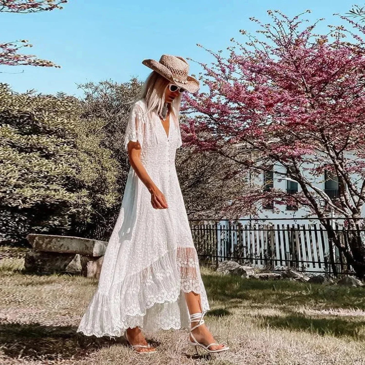 Solid Floral Short Sleeve Boho Dress image 2