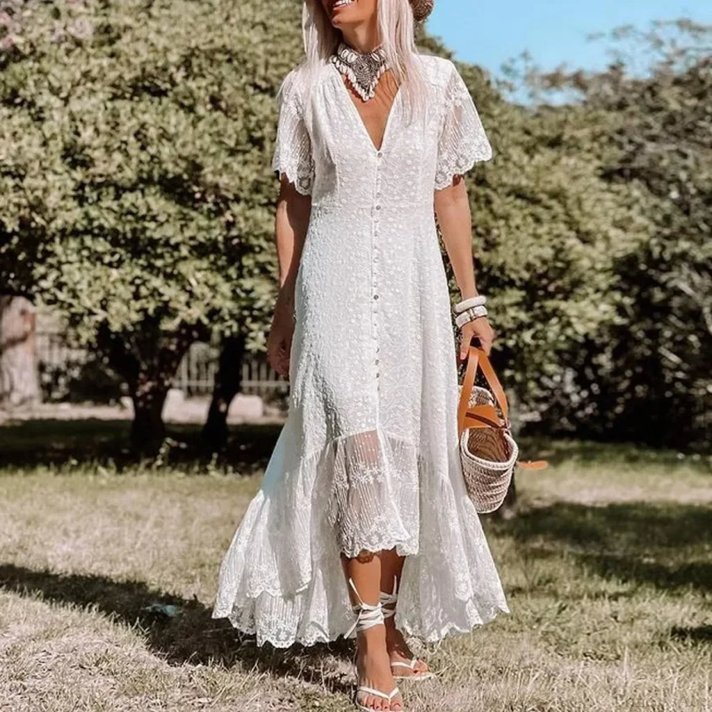 Solid Floral Short Sleeve Boho Dress image 3