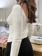 Solid Folds Deep V-Neck Slim Long Sleeve Knit Top image 2