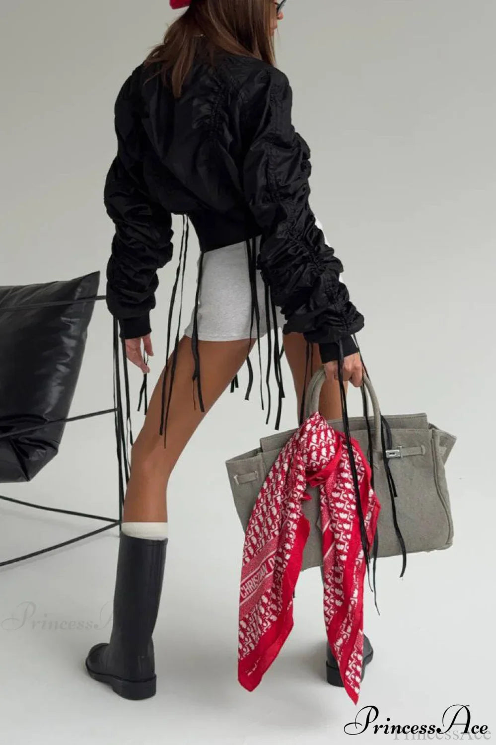 Solid Fringed Ruched Waist Short Zip Coat image 3