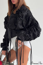 Solid Fringed Ruched Waist Short Zip Coat image 1
