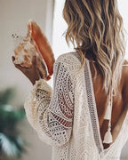 Solid Full Sleeve Hollow Out Sexy V-neck Mini Boho Dress image 3