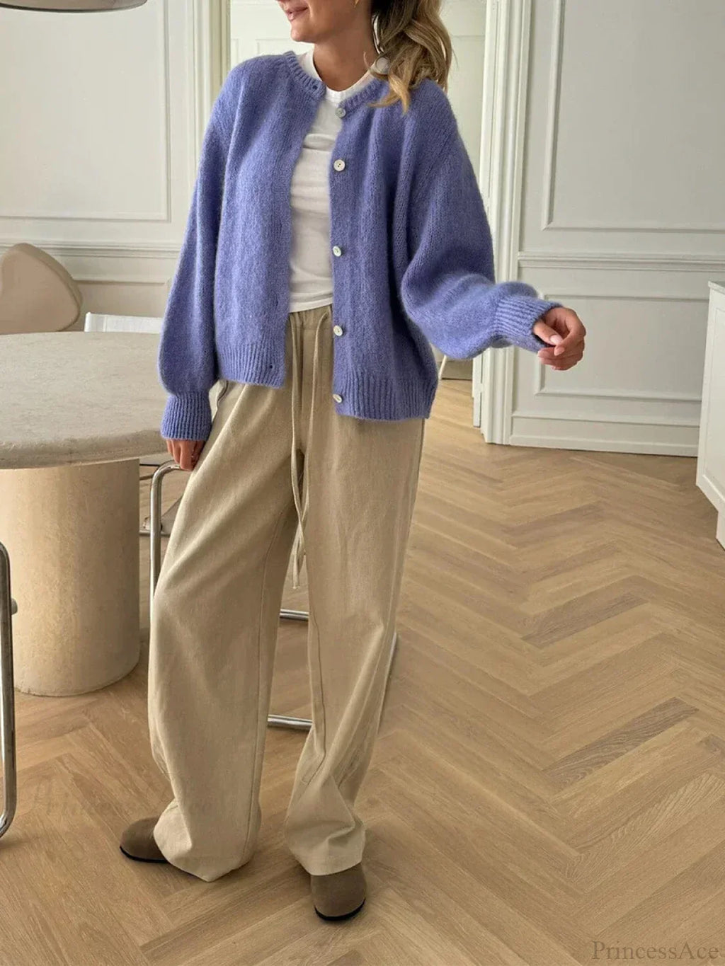 Solid Fuzzy Button Down Knit Cardigan image 3