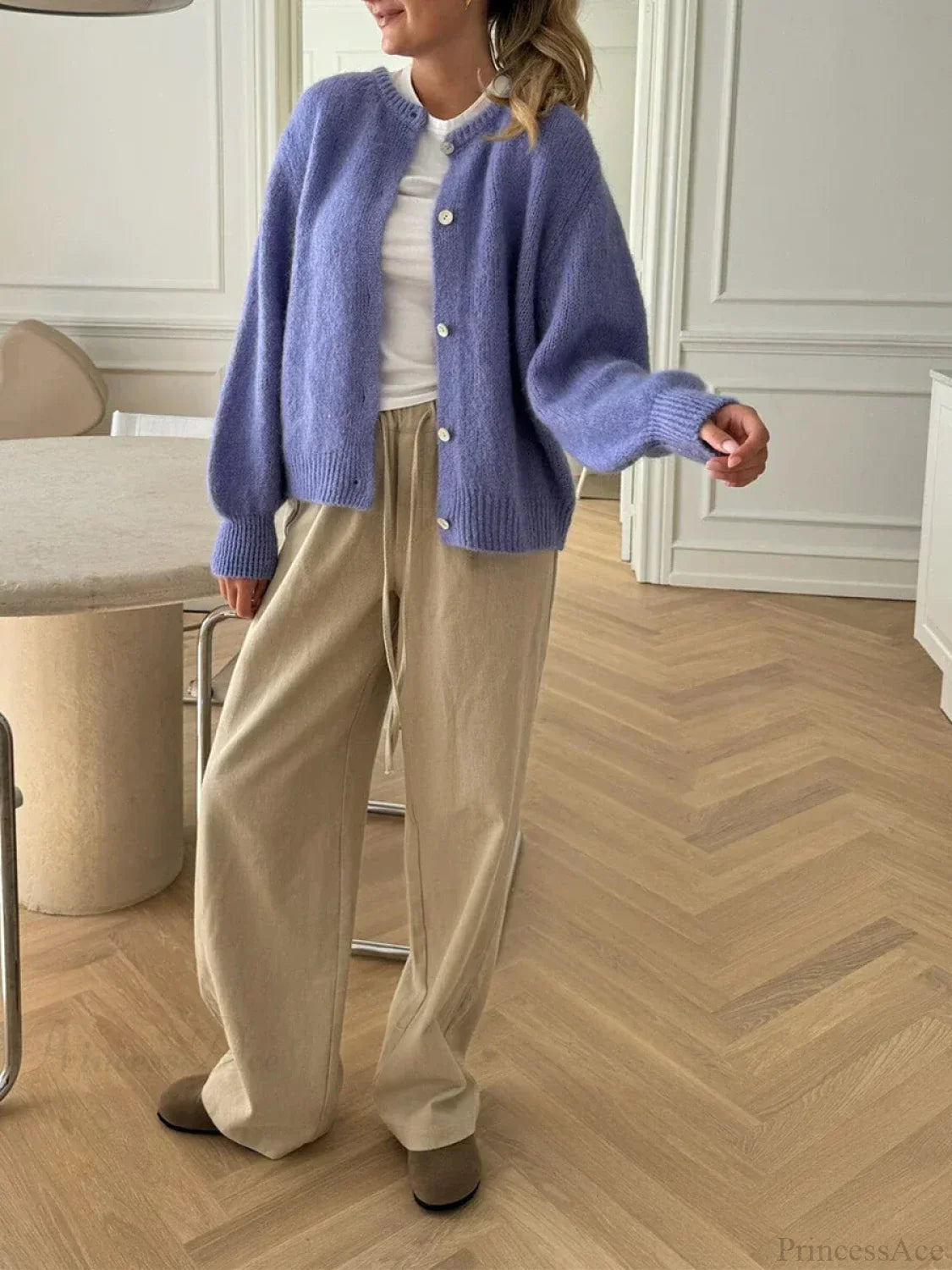 Solid Fuzzy Button Down Knit Cardigan image 3