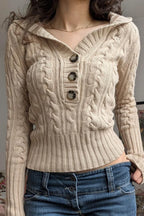 Solid Hooded Button Cropped Slim Sweater image 3