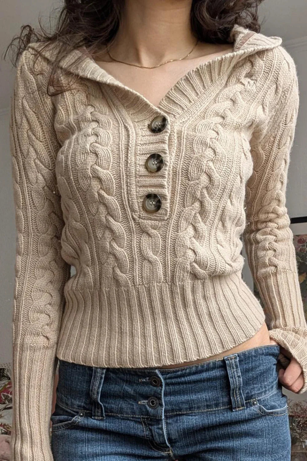 Solid Hooded Button Cropped Slim Sweater image 3