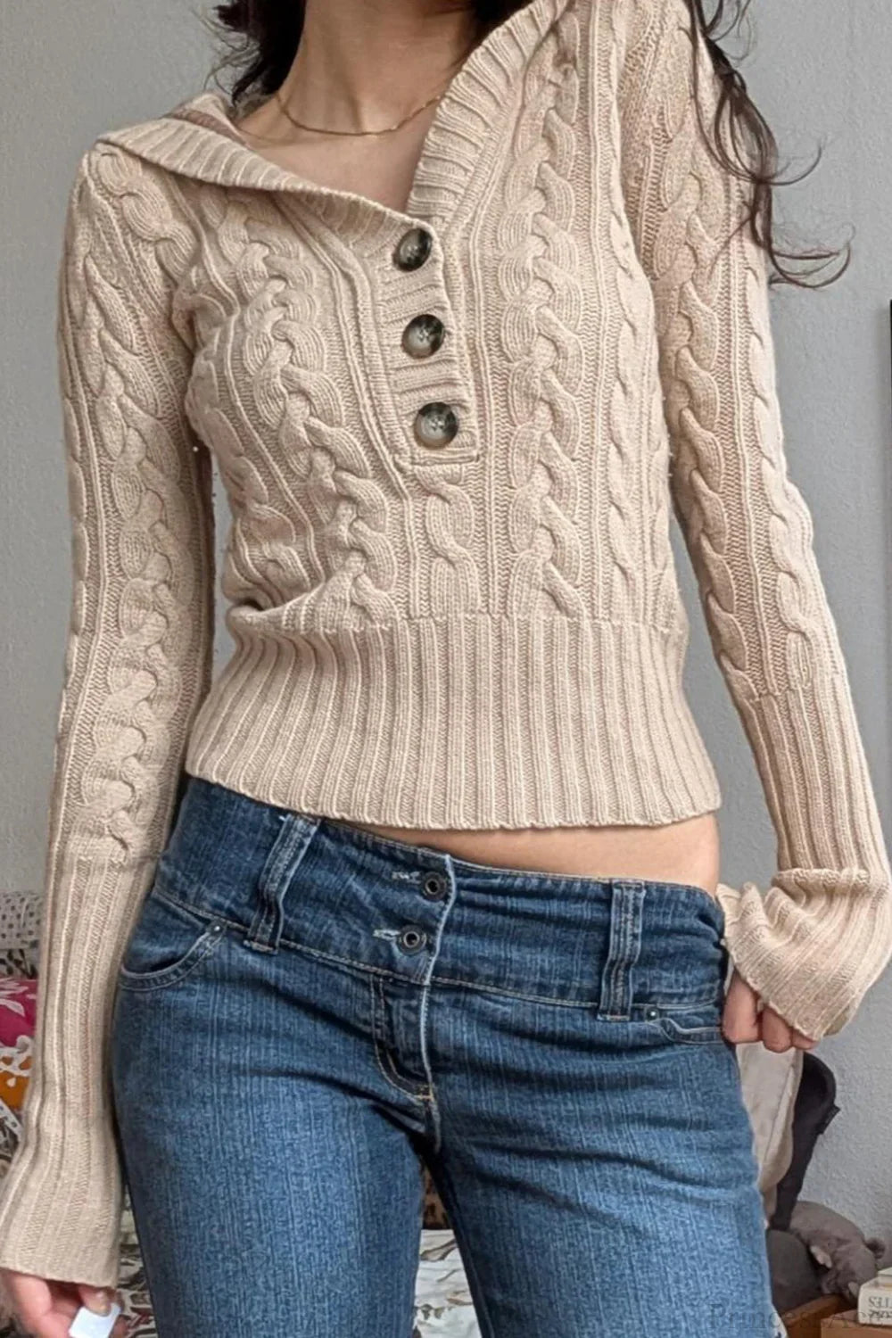 Solid Hooded Button Cropped Slim Sweater image 2