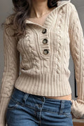 Solid Hooded Button Cropped Slim Sweater image 1