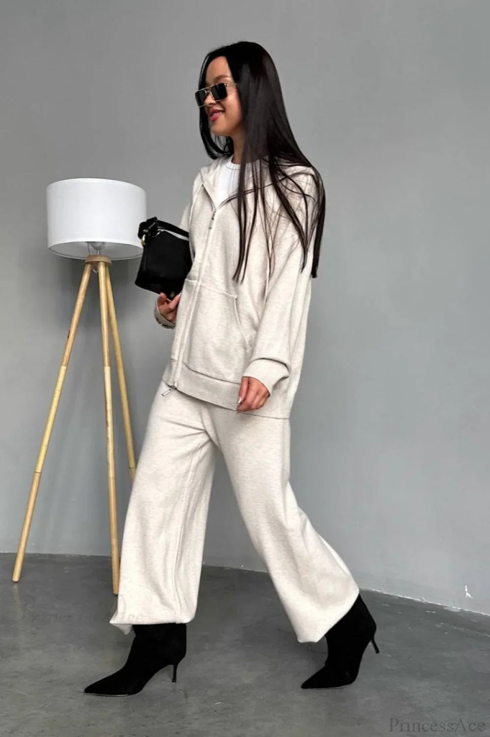 Solid Knit hooded Straight-Leg Two Piece Set image 2
