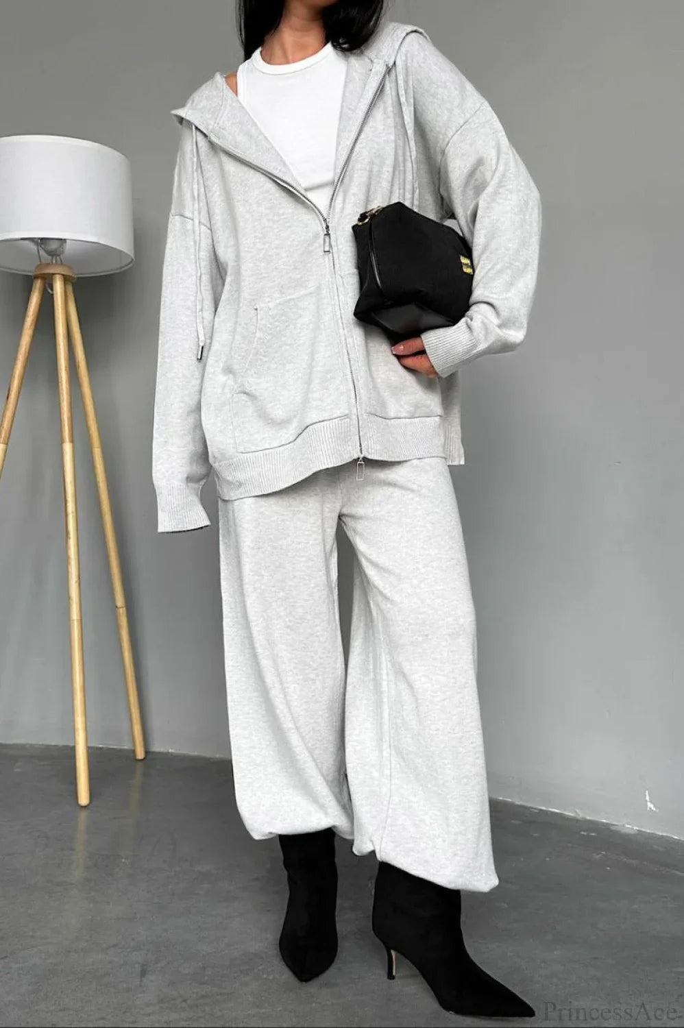 Solid Knit hooded Straight-Leg Two Piece Set image 3