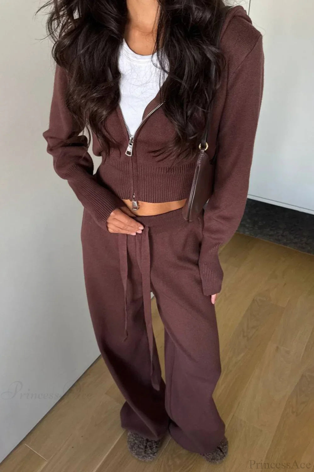 Solid Knit Short Zip Jacket Relaxed Pants Two Piece Set image 7