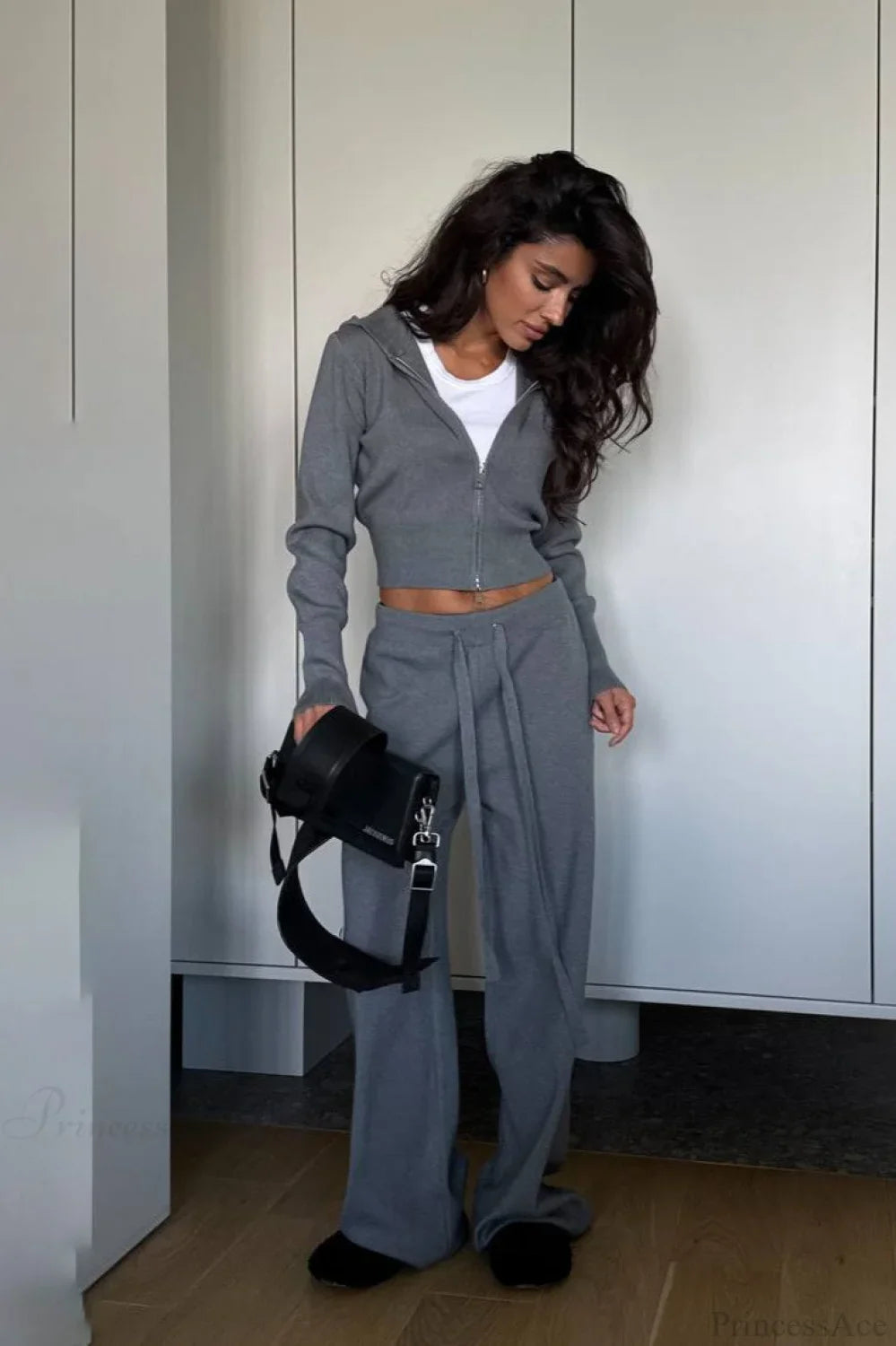 Solid Knit Short Zip Jacket Relaxed Pants Two Piece Set image 5