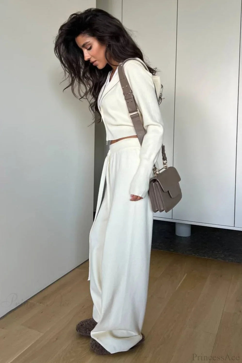 Solid Knit Short Zip Jacket Relaxed Pants Two Piece Set image 3