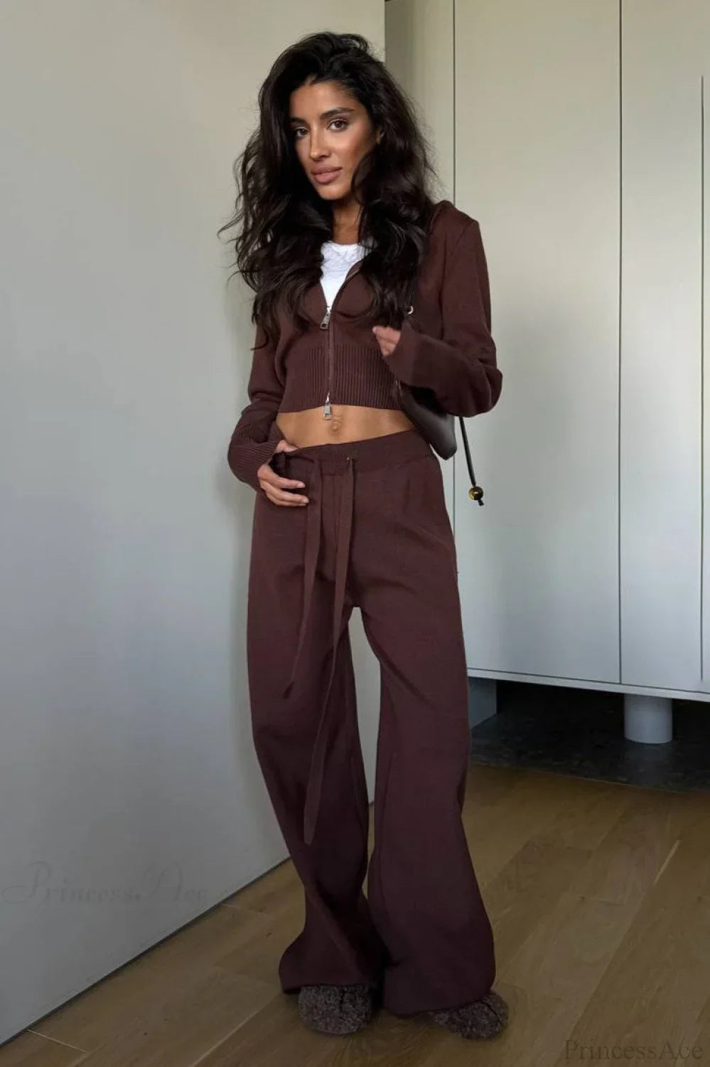 Solid Knit Short Zip Jacket Relaxed Pants Two Piece Set image 6