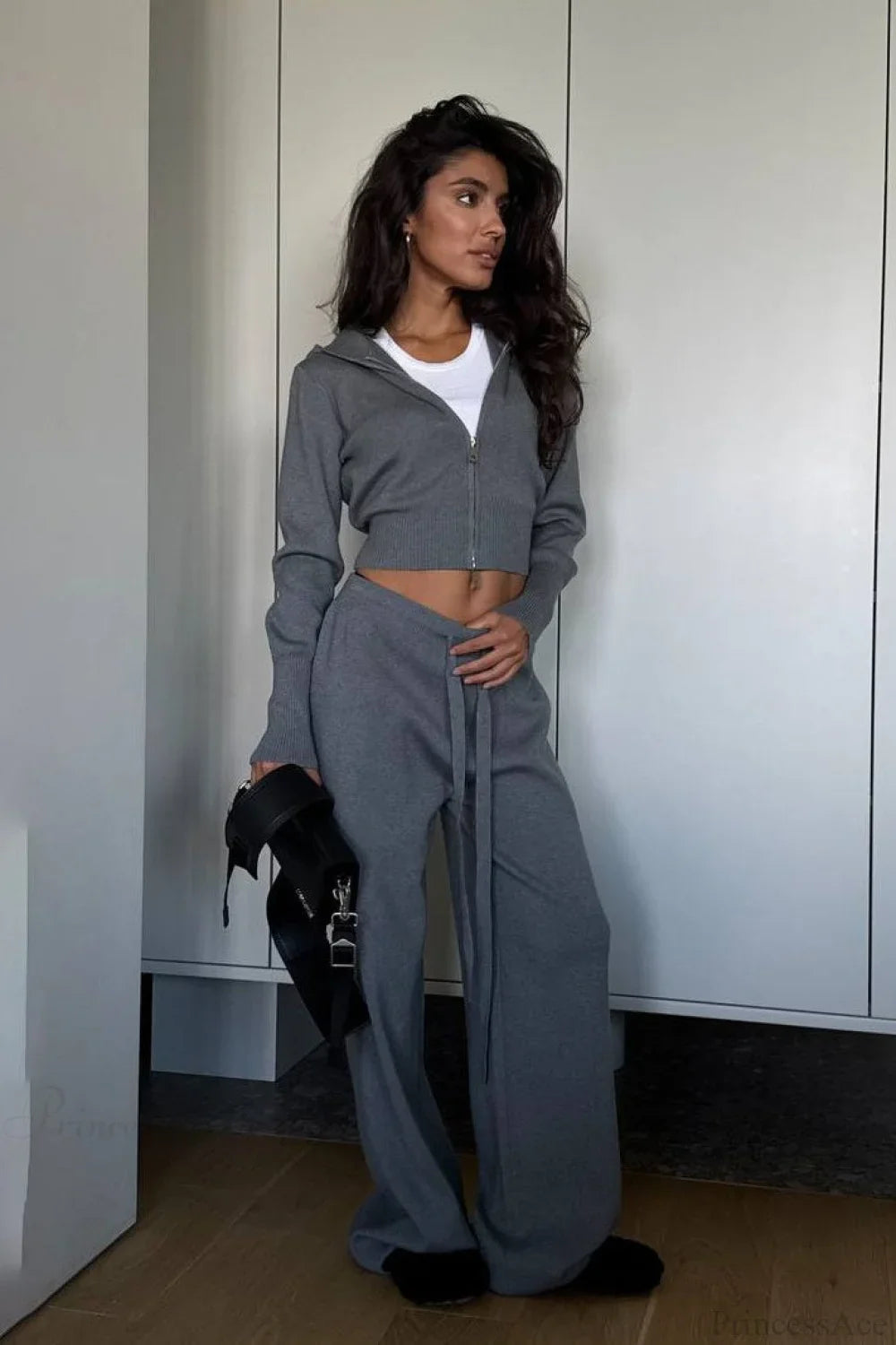 Solid Knit Short Zip Jacket Relaxed Pants Two Piece Set image 4