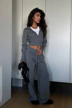 Solid Knit Short Zip Jacket Relaxed Pants Two Piece Set image 4