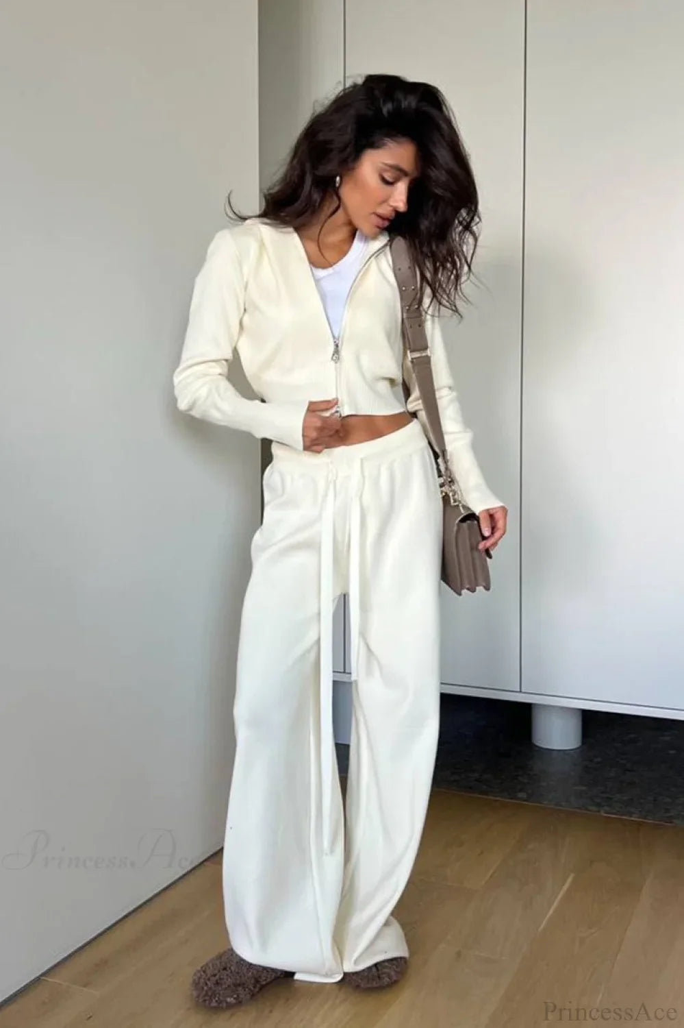 Solid Knit Short Zip Jacket Relaxed Pants Two Piece Set image 1