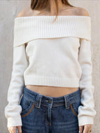 Solid Knitted Slash Neck Basic Long Sleeve Pullover Sweater image 1