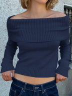 Solid Knitted Slash Neck Basic Long Sleeve Pullover Sweater image 3