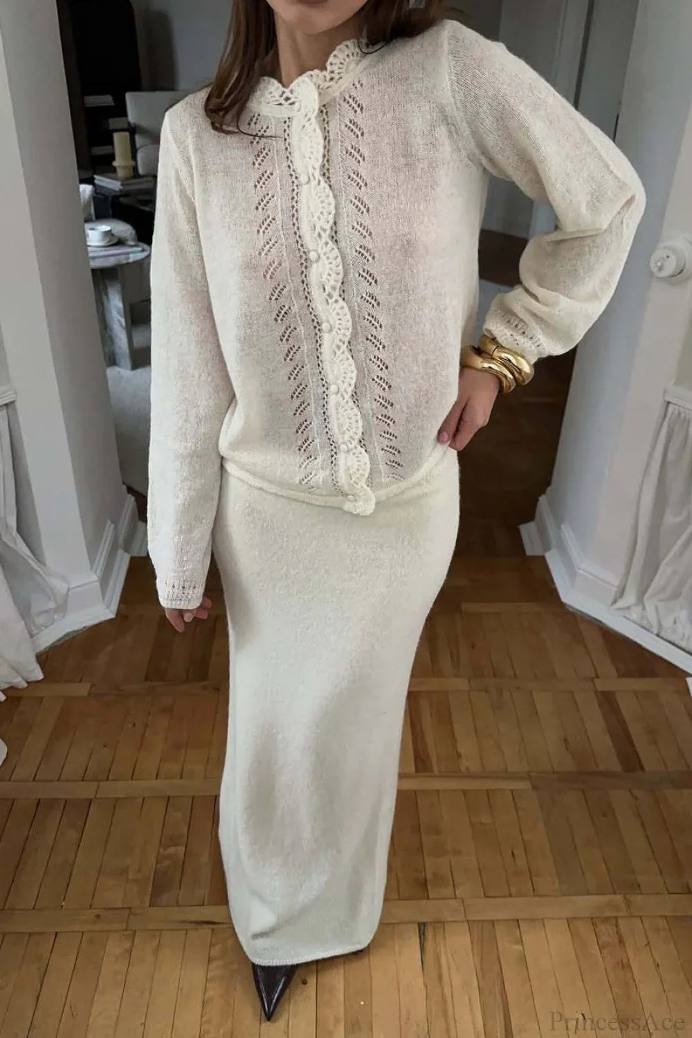 Solid Lace Cutout Knit Crew Neck Cardigan image 5