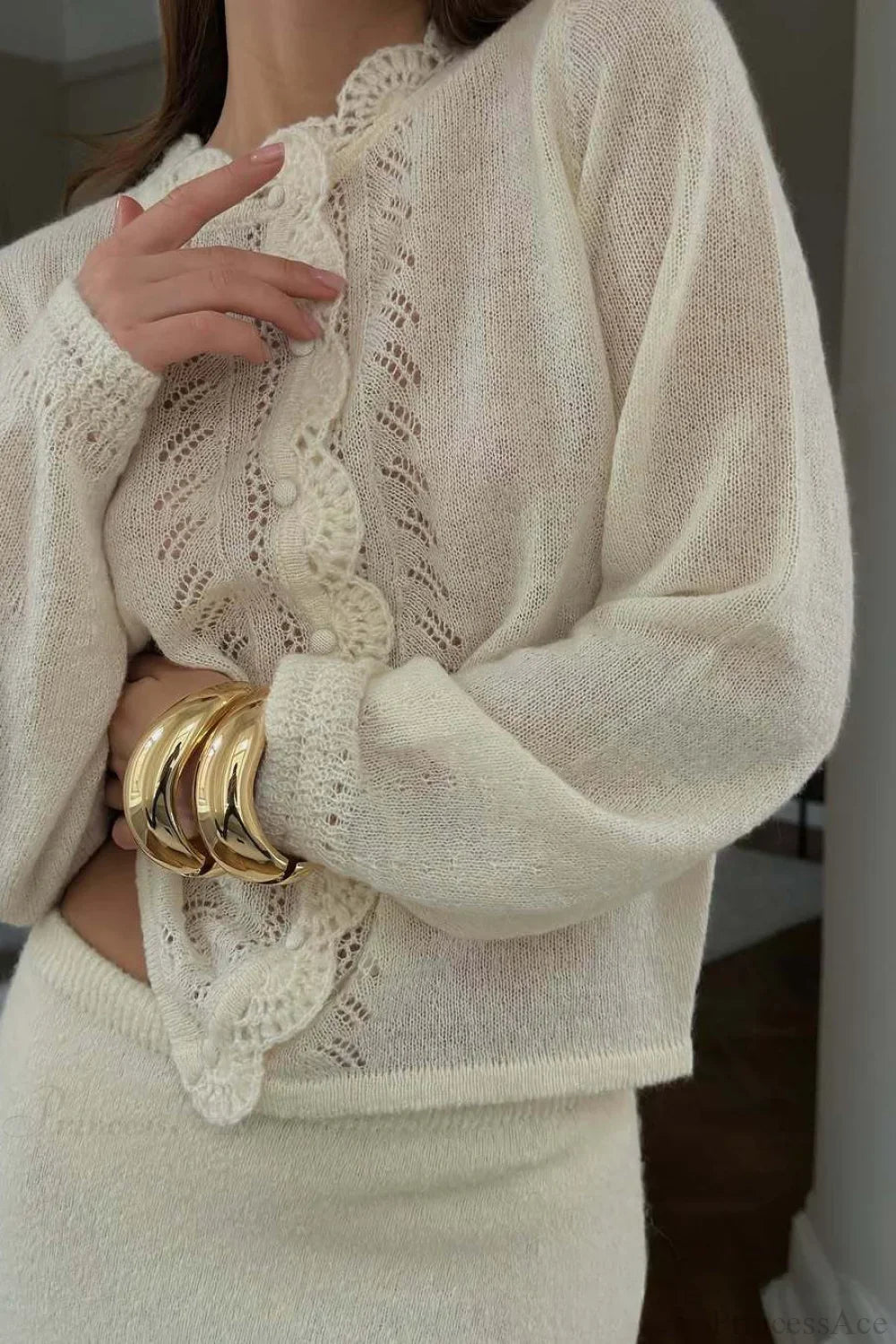 Solid Lace Cutout Knit Crew Neck Cardigan image 3