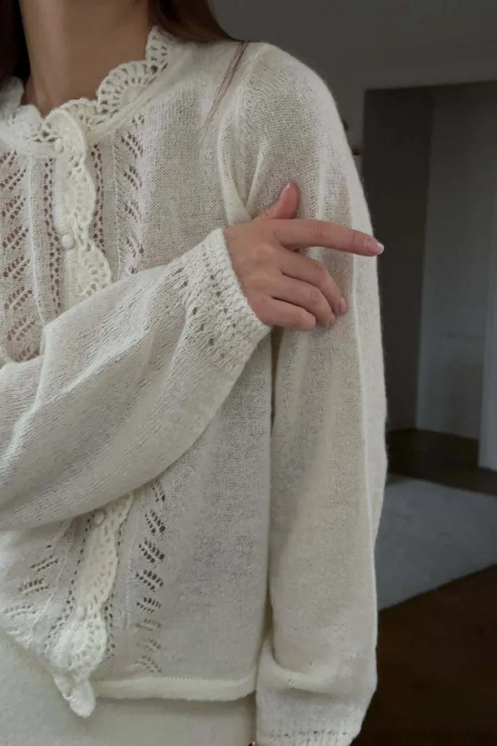 Solid Lace Cutout Knit Crew Neck Cardigan image 4