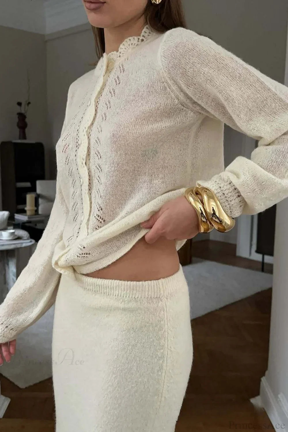 Solid Lace Cutout Knit Crew Neck Cardigan image 2