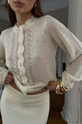 Solid Lace Cutout Knit Crew Neck Cardigan image 1