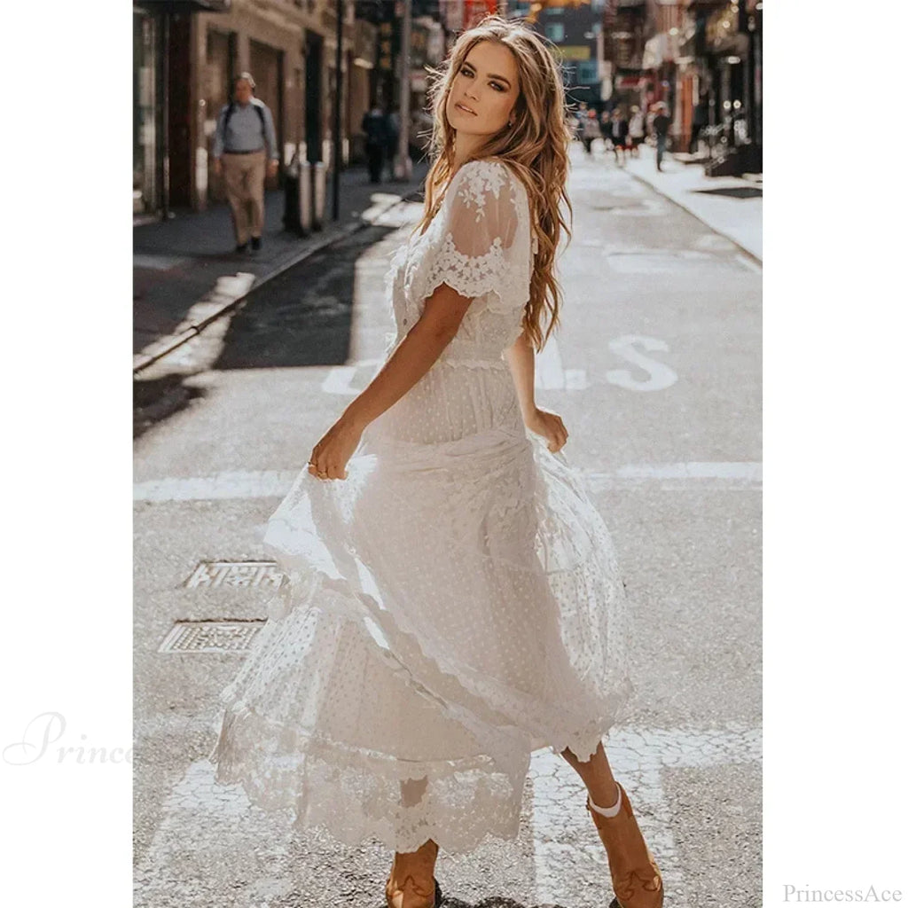 Solid Lace Short Sleeve V-neck Maxi Boho Dress image 3