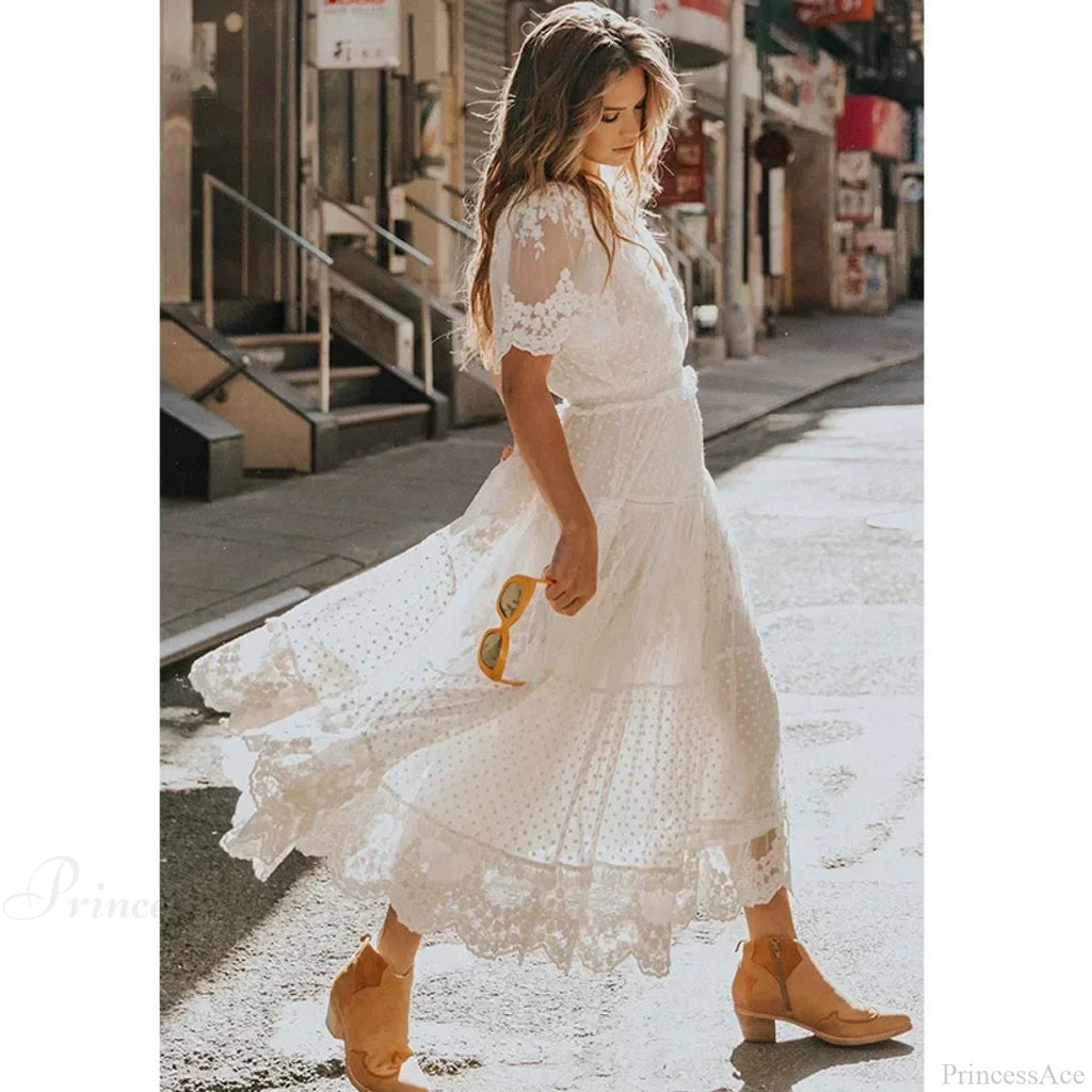 Solid Lace Short Sleeve V-neck Maxi Boho Dress image 2