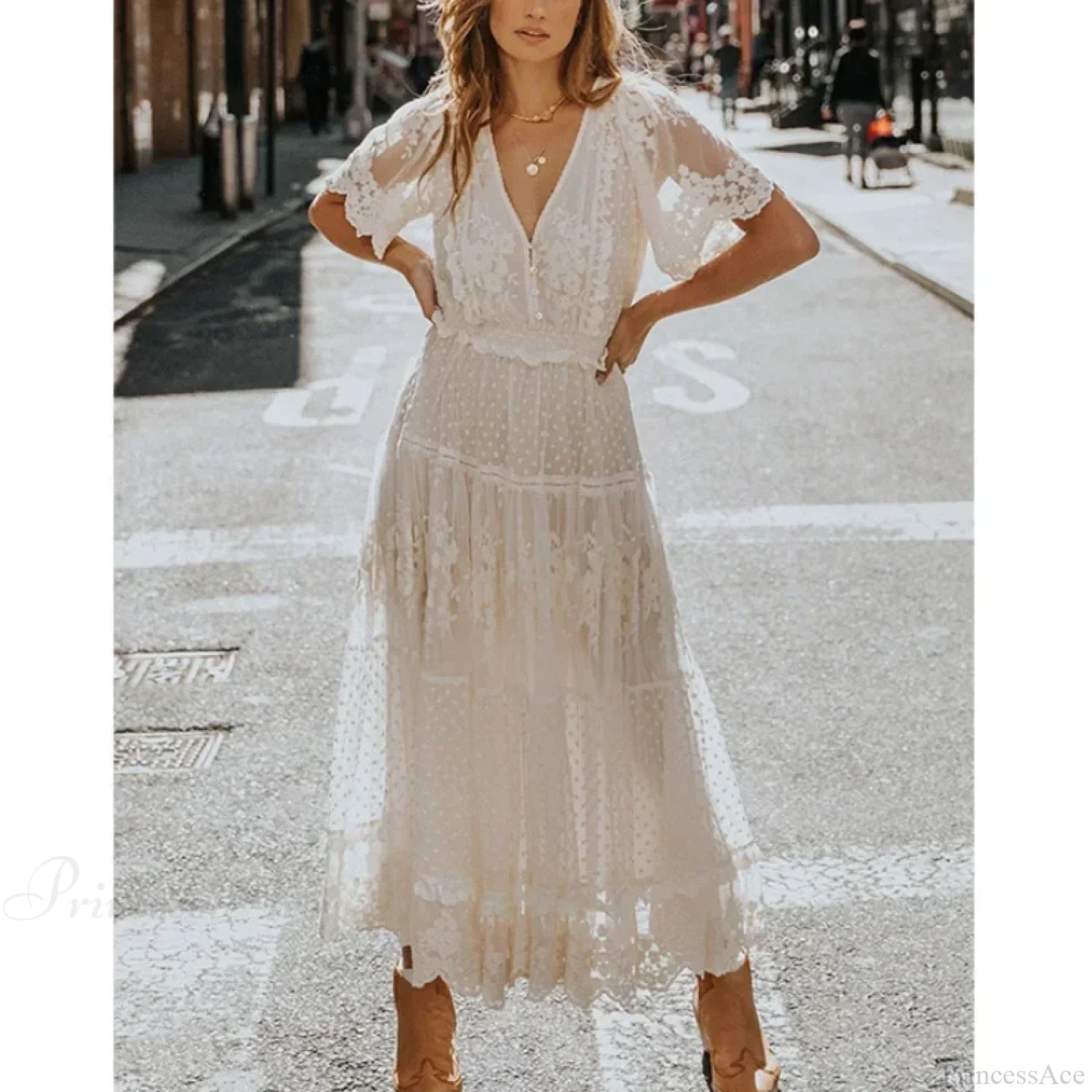 Solid Lace Short Sleeve V-neck Maxi Boho Dress image 1