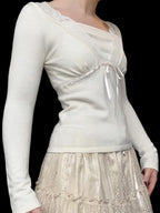Solid Lace Trim Deep V-Neck Slim Long Sleeve Knit Top image 2