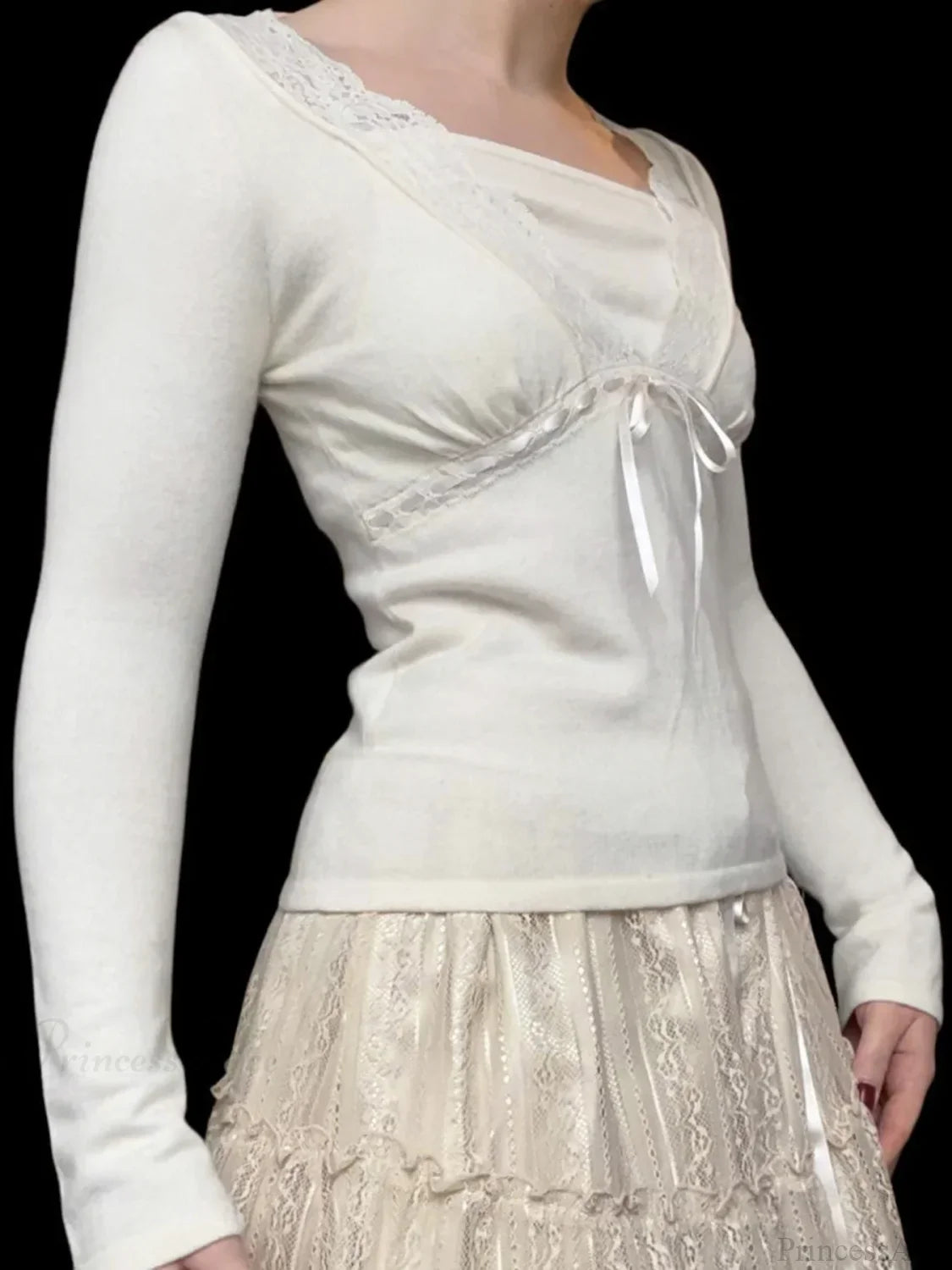 Solid Lace Trim Deep V-Neck Slim Long Sleeve Knit Top image 2