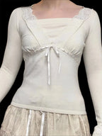 Solid Lace Trim Deep V-Neck Slim Long Sleeve Knit Top image 1