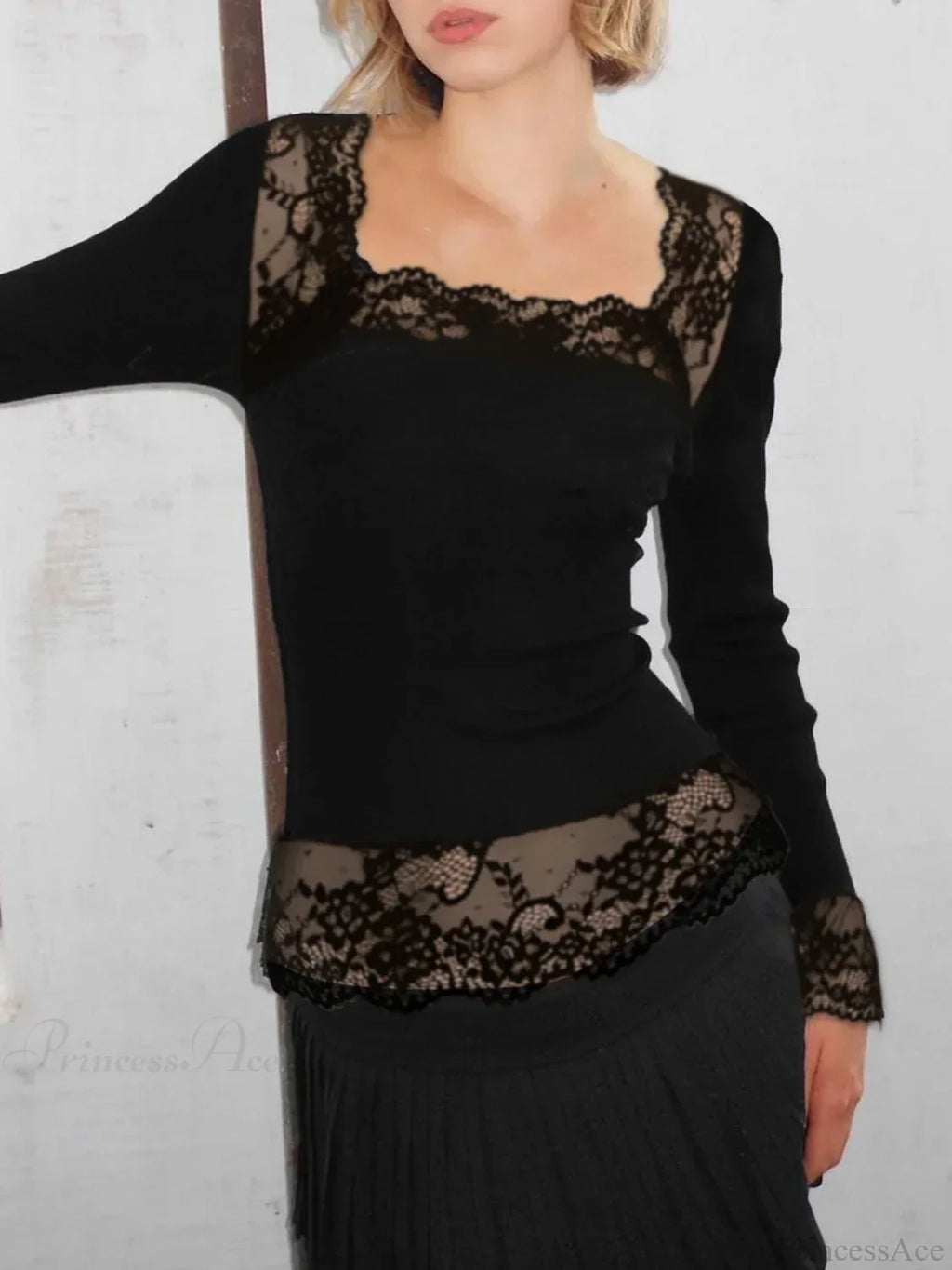 Solid Lace Trim Slim Square Collar Long Sleeve Knit Top image 2